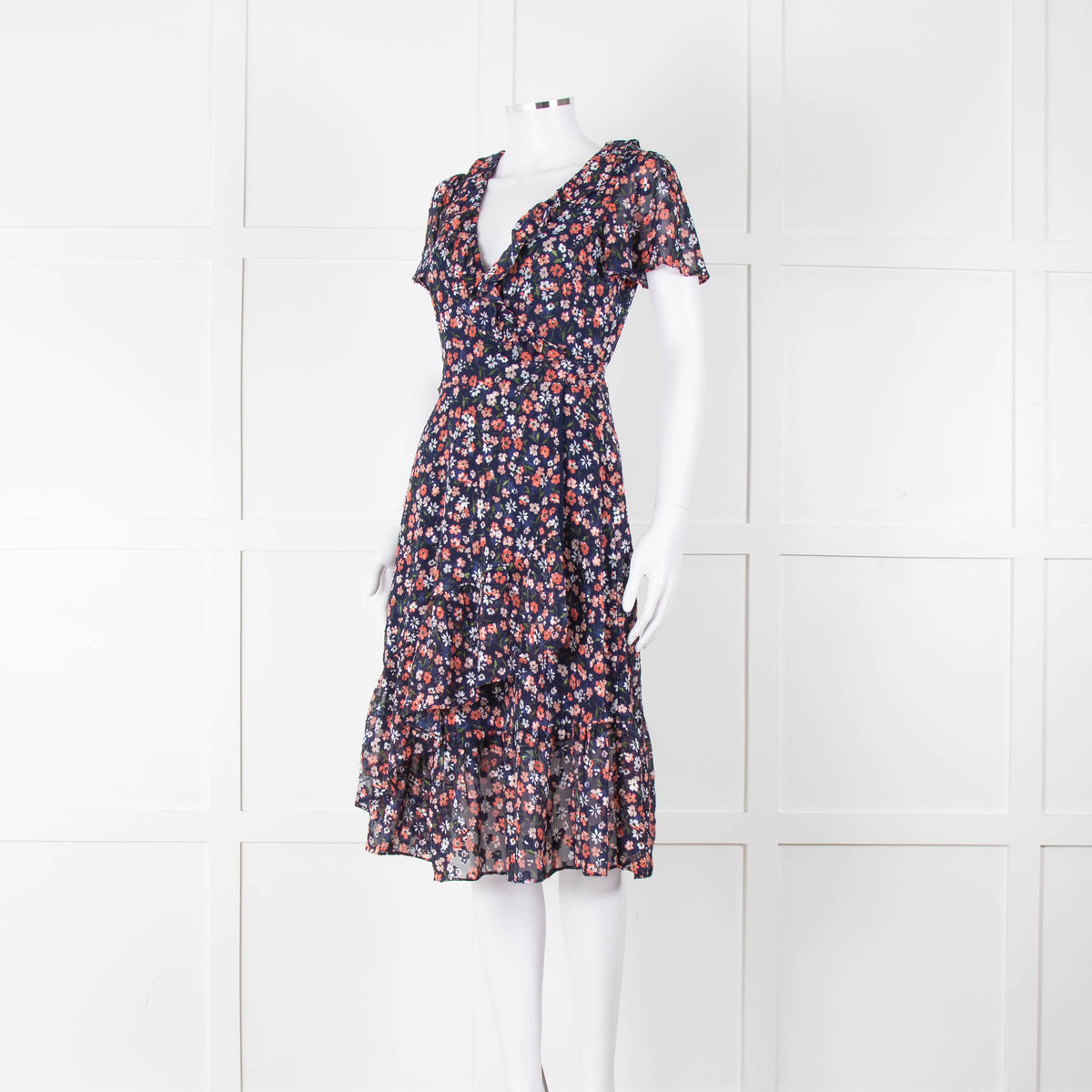 Michael Kors Navy Orange Floral Short Sleeve Wrap Dress