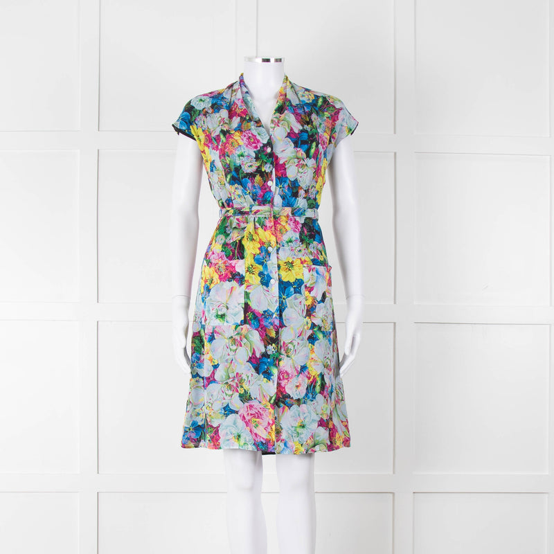 Erdem Blue Yellow Orange Floral Belted Silk Mini Dress