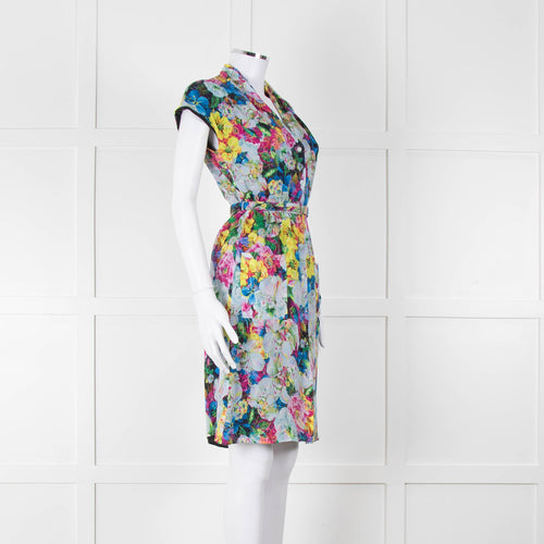 Erdem Blue Yellow Orange Floral Belted Silk Mini Dress