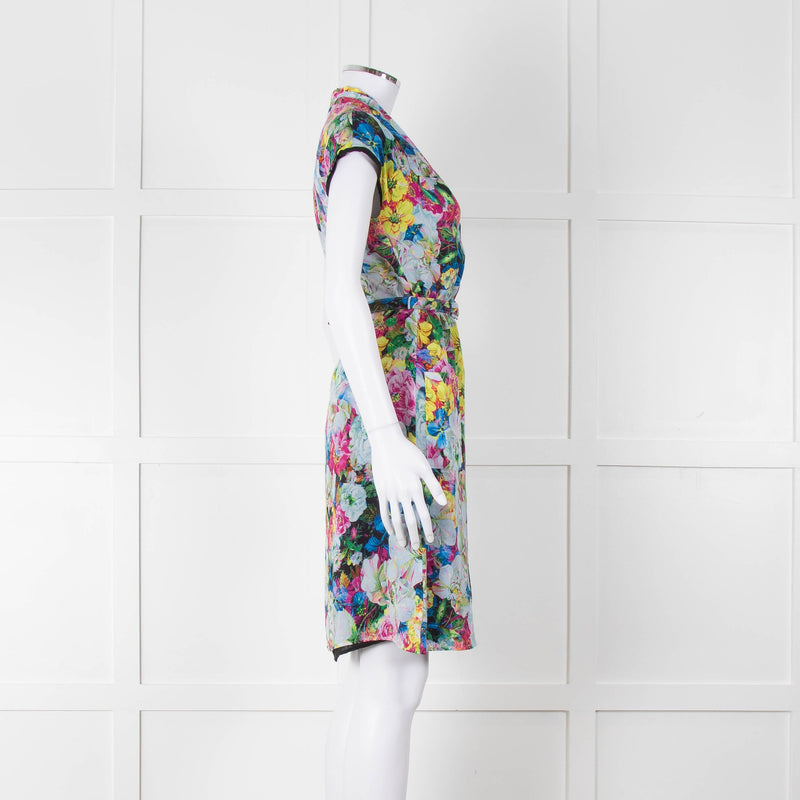 Erdem Blue Yellow Orange Floral Belted Silk Mini Dress