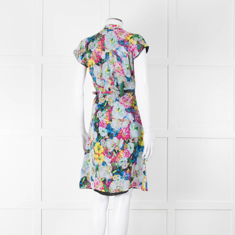 Erdem Blue Yellow Orange Floral Belted Silk Mini Dress