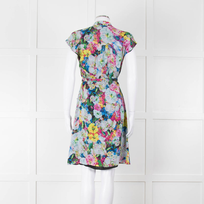 Erdem Blue Yellow Orange Floral Belted Silk Mini Dress