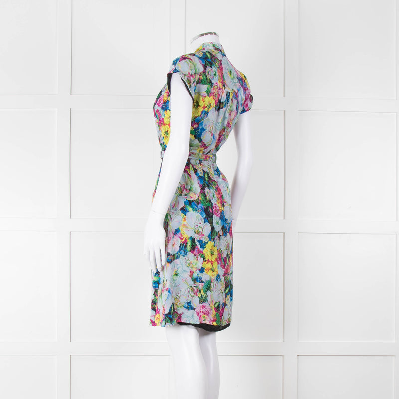 Erdem Blue Yellow Orange Floral Belted Silk Mini Dress