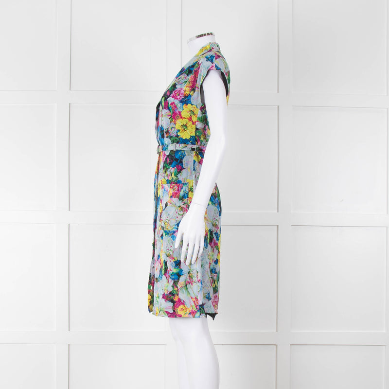 Erdem Blue Yellow Orange Floral Belted Silk Mini Dress