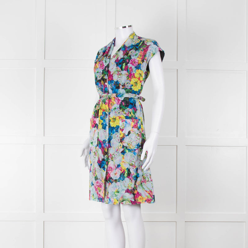 Erdem Blue Yellow Orange Floral Belted Silk Mini Dress