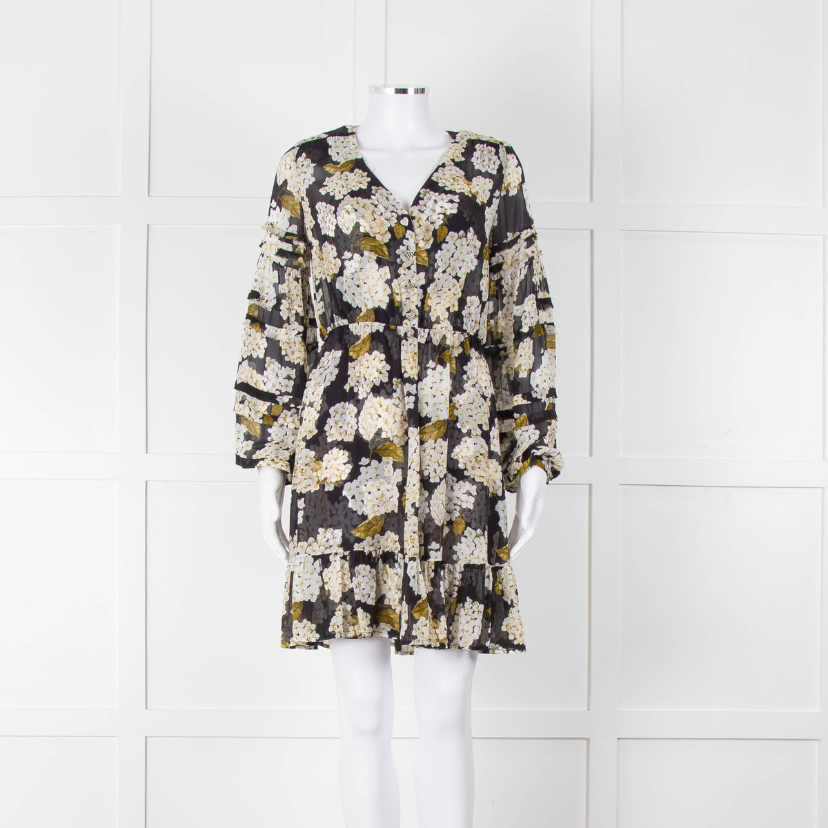 The Kooples Black White Floral Sheer Long Sleeve Short Dress With Slip
