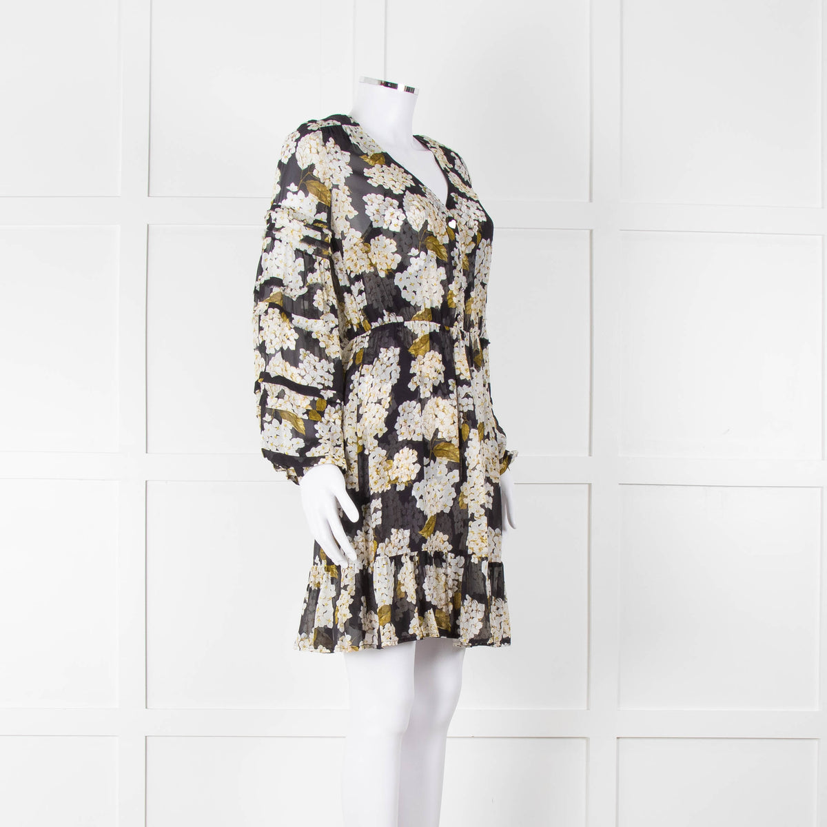 The Kooples Black White Floral Sheer Long Sleeve Short Dress With Slip