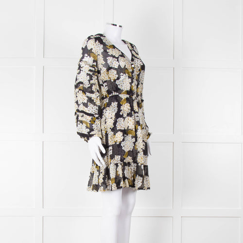 The Kooples Black White Floral Sheer Long Sleeve Short Dress With Slip