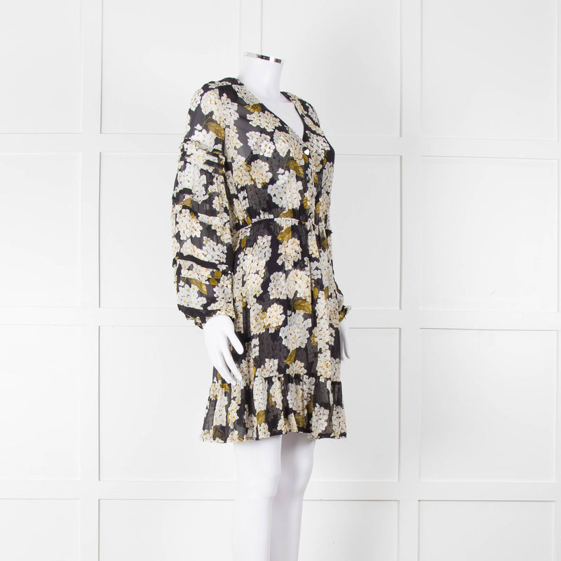 The Kooples Black White Floral Sheer Long Sleeve Short Dress With Slip