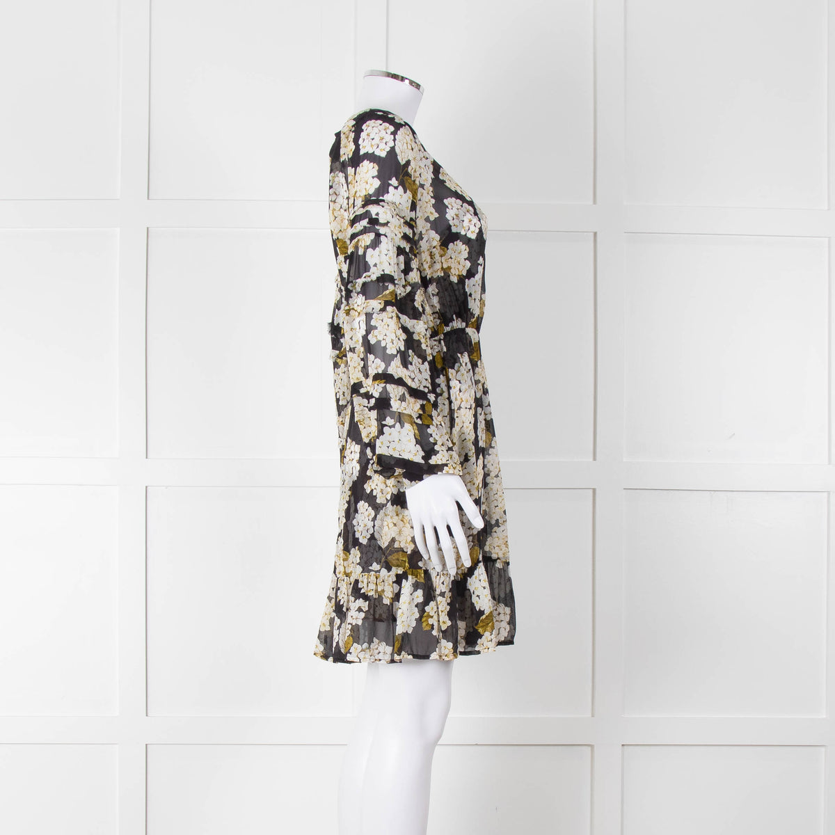 The Kooples Black White Floral Sheer Long Sleeve Short Dress With Slip