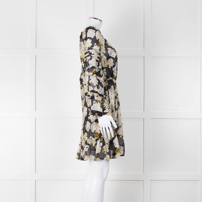 The Kooples Black White Floral Sheer Long Sleeve Short Dress With Slip