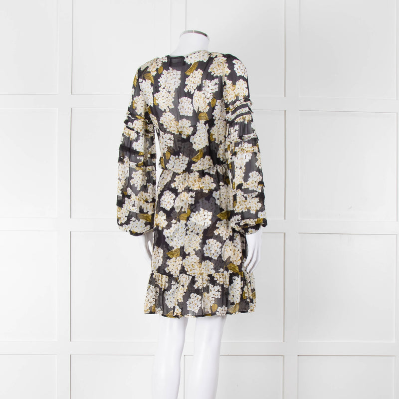 The Kooples Black White Floral Sheer Long Sleeve Short Dress With Slip