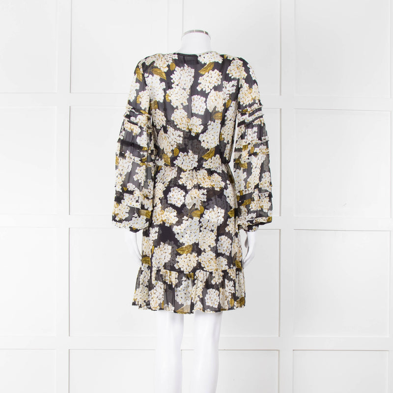 The Kooples Black White Floral Sheer Long Sleeve Short Dress With Slip