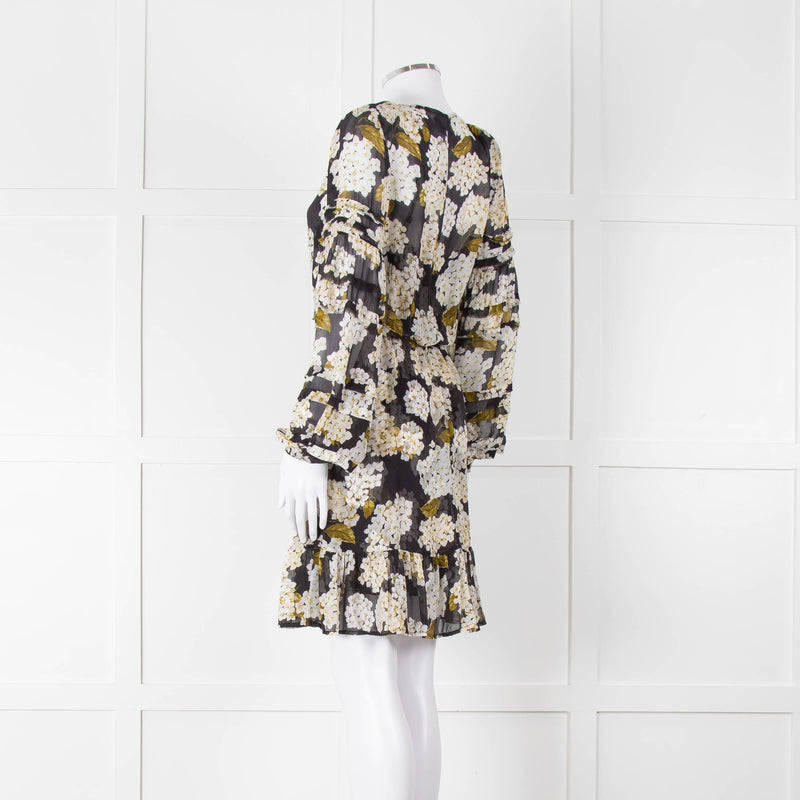 The Kooples Black White Floral Sheer Long Sleeve Short Dress With Slip