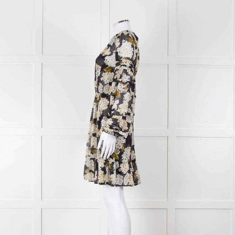 The Kooples Black White Floral Sheer Long Sleeve Short Dress With Slip