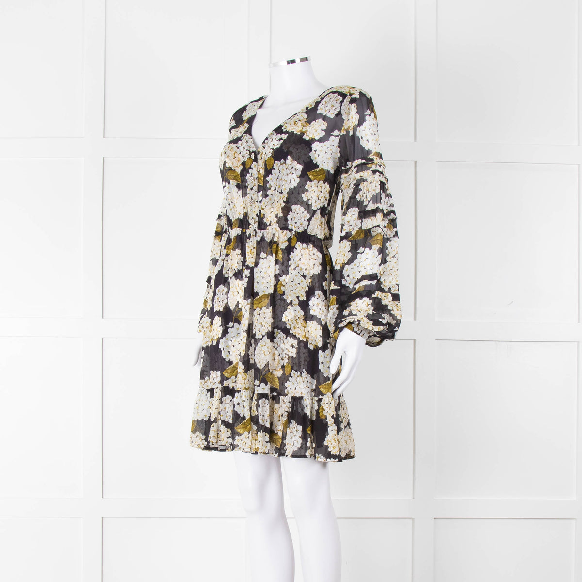 The Kooples Black White Floral Sheer Long Sleeve Short Dress With Slip