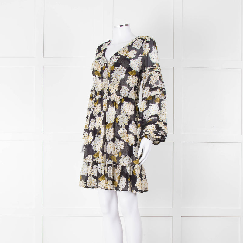 The Kooples Black White Floral Sheer Long Sleeve Short Dress With Slip