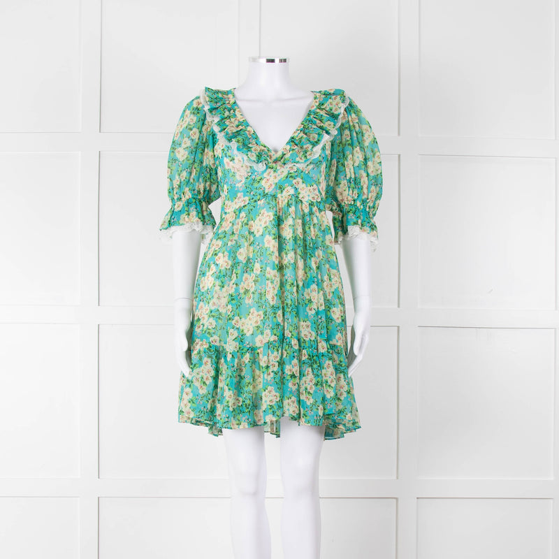 By Timo Turquoise Cream Floral Puff Sleeve Mini Dress