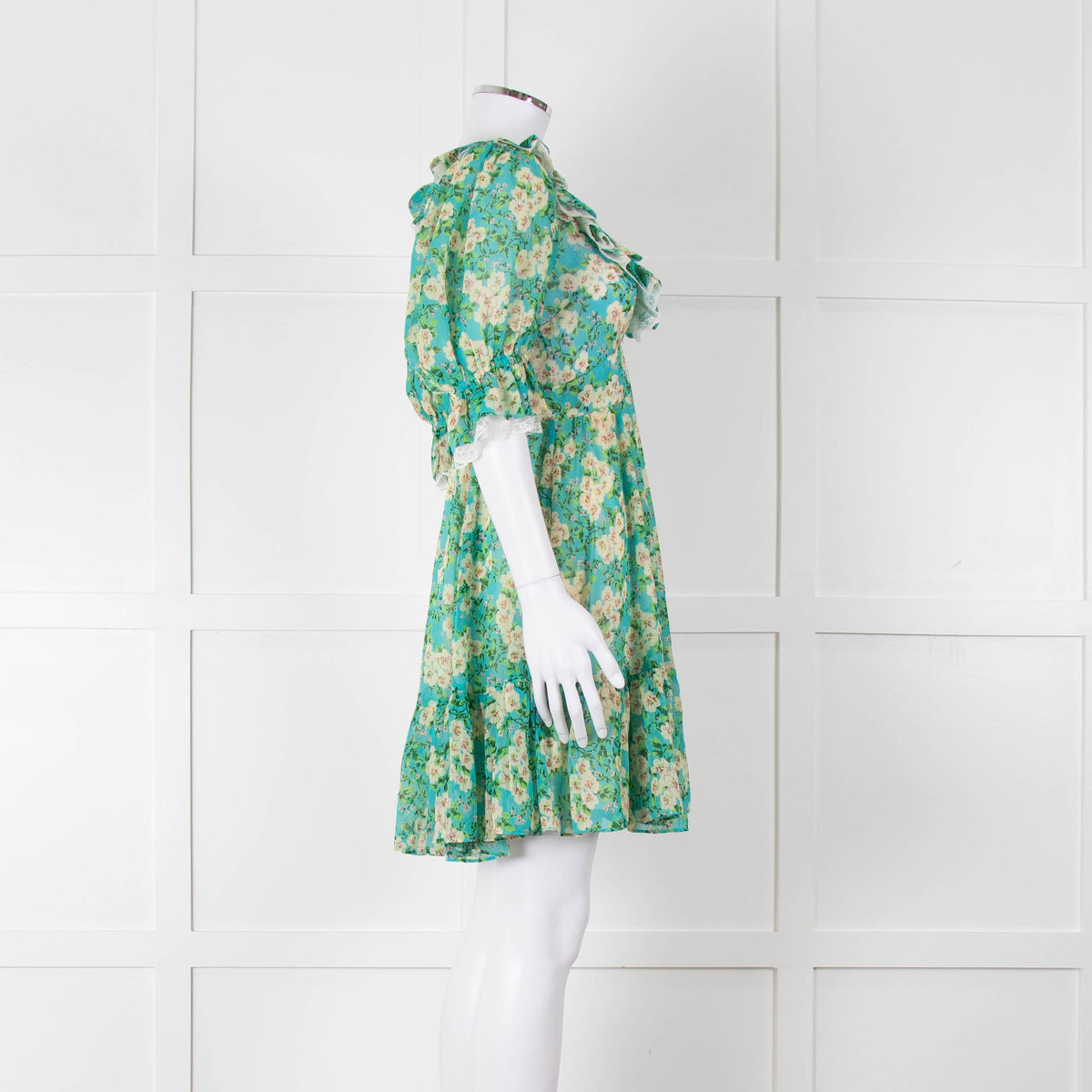 By Timo Turquoise Cream Floral Puff Sleeve Mini Dress