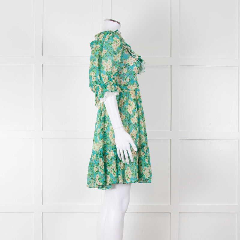 By Timo Turquoise Cream Floral Puff Sleeve Mini Dress