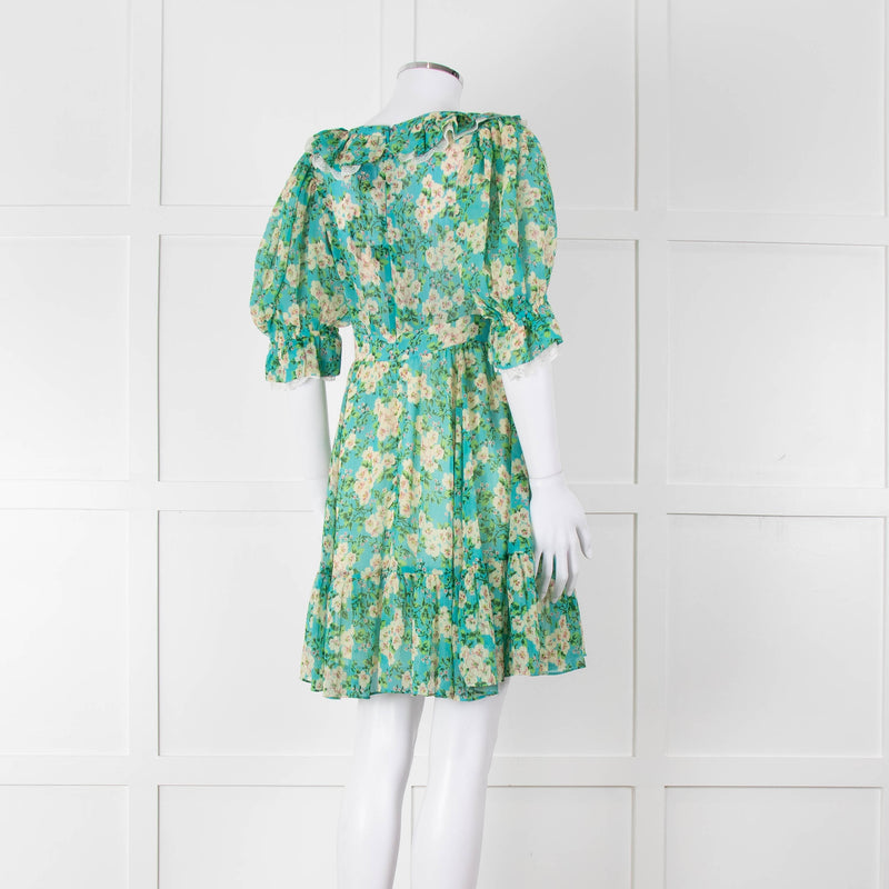 By Timo Turquoise Cream Floral Puff Sleeve Mini Dress