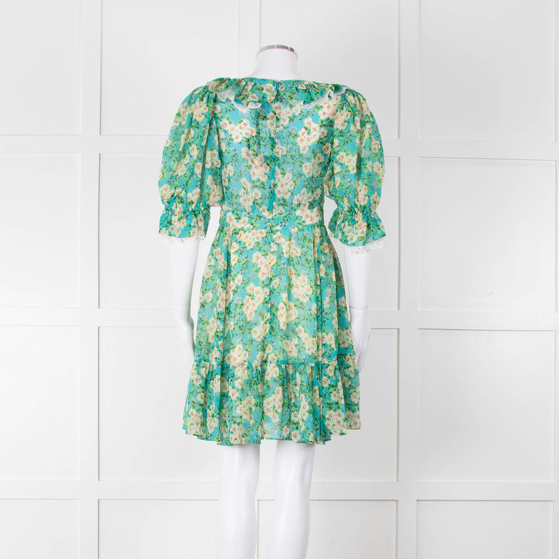 By Timo Turquoise Cream Floral Puff Sleeve Mini Dress