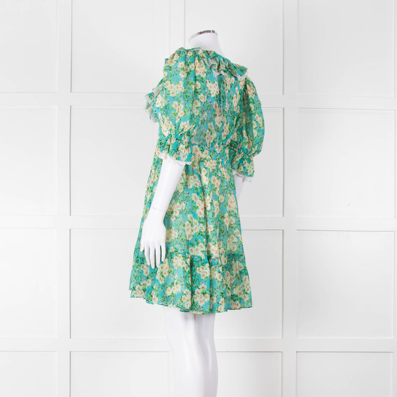 By Timo Turquoise Cream Floral Puff Sleeve Mini Dress
