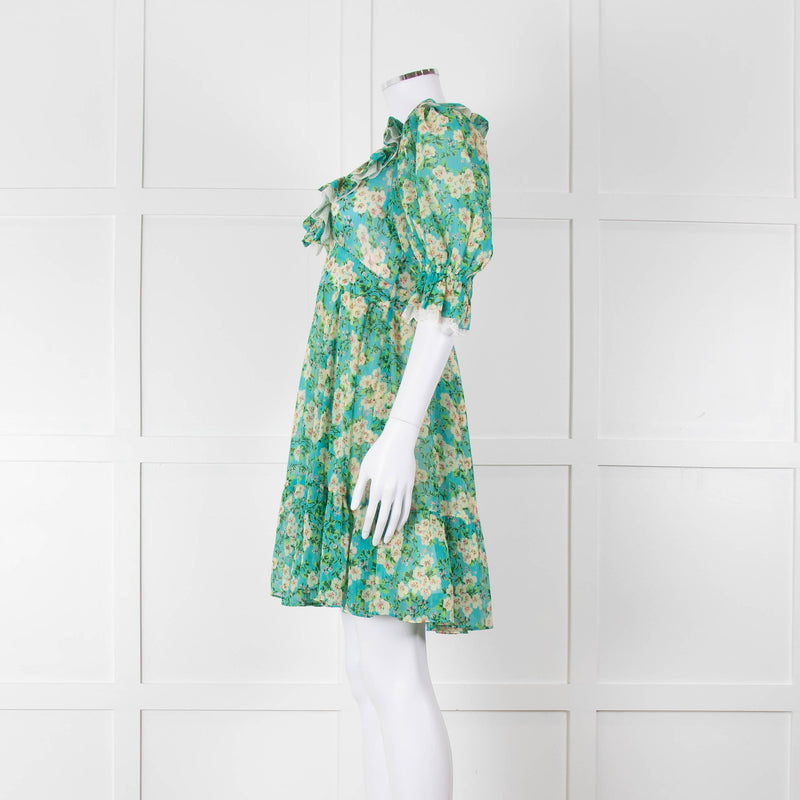 By Timo Turquoise Cream Floral Puff Sleeve Mini Dress