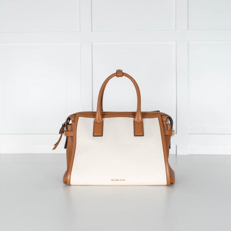 Michael Kors Cream Canvas Top Handle Tote With Detachable Long Strap