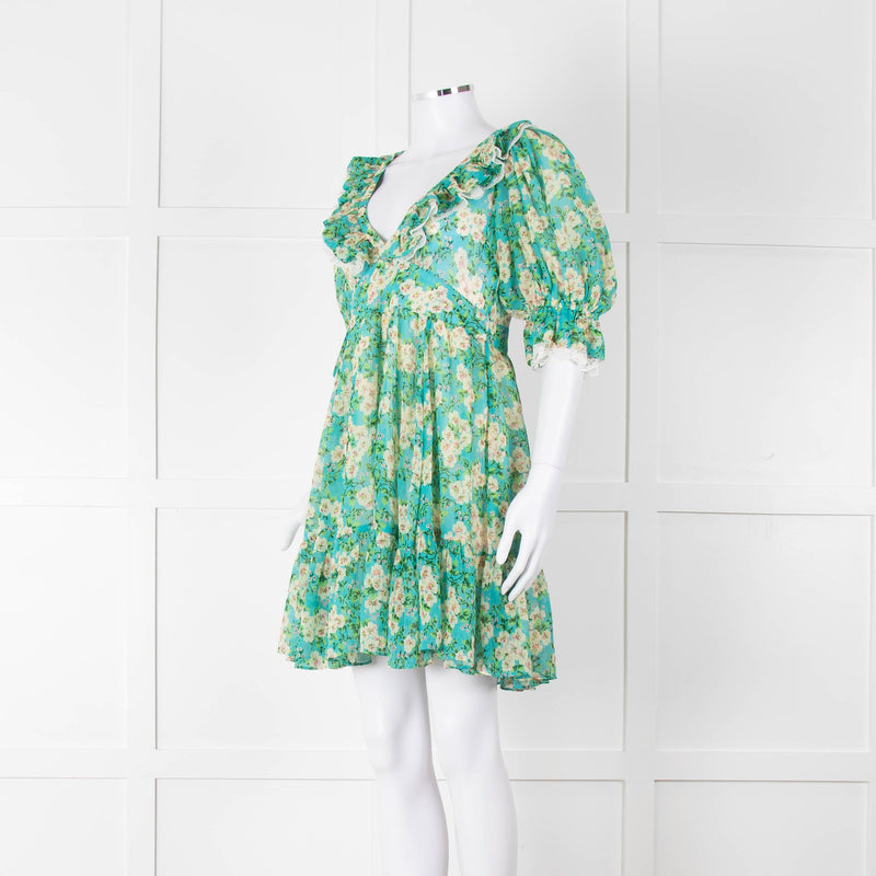 By Timo Turquoise Cream Floral Puff Sleeve Mini Dress