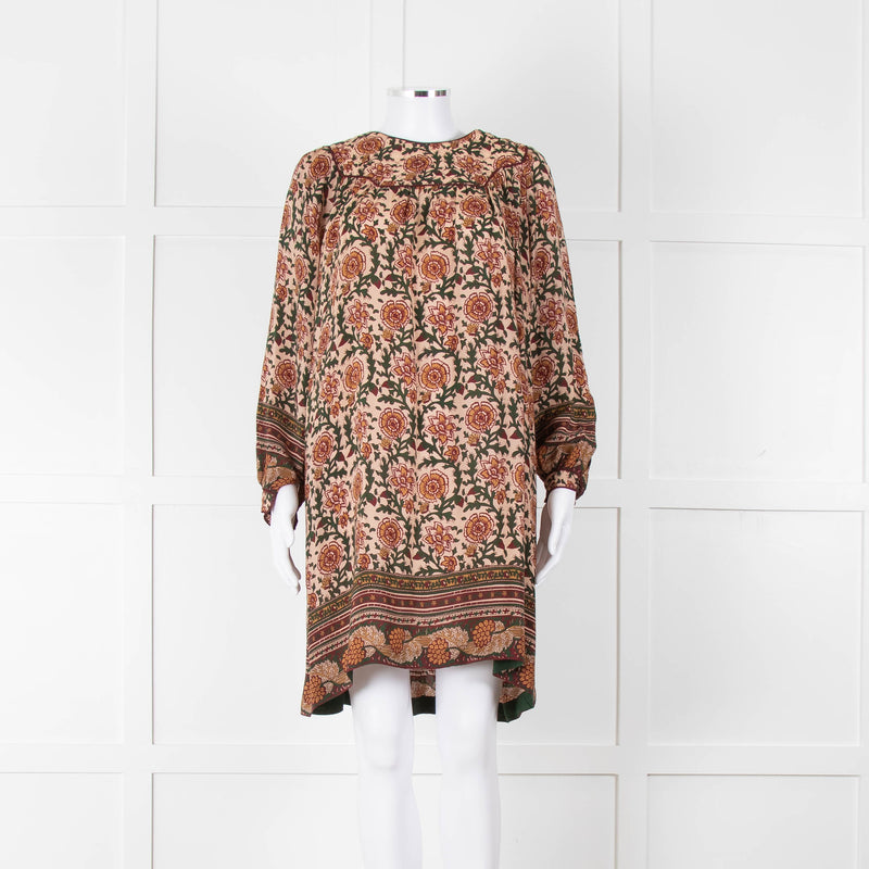 Iris Beige Green Floral Smock Tunic Dress