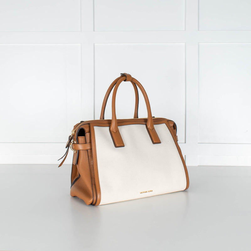 Michael Kors Cream Canvas Top Handle Tote With Detachable Long Strap