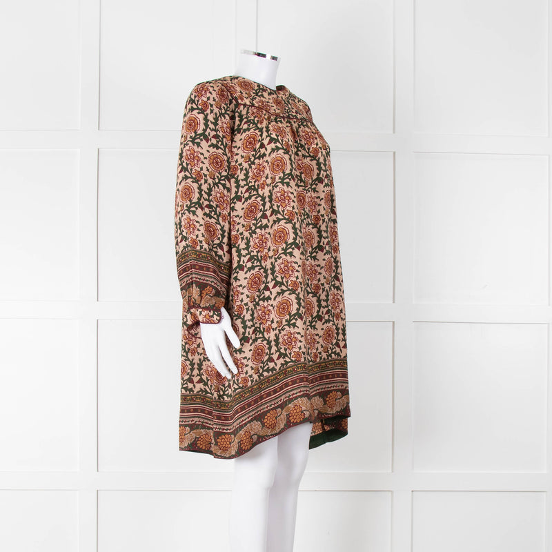 Iris Beige Green Floral Smock Tunic Dress