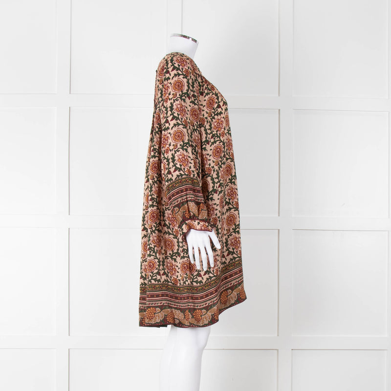 Iris Beige Green Floral Smock Tunic Dress
