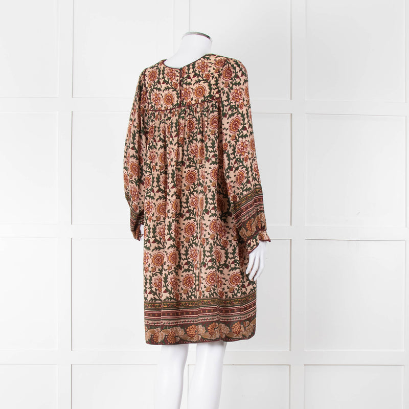 Iris Beige Green Floral Smock Tunic Dress