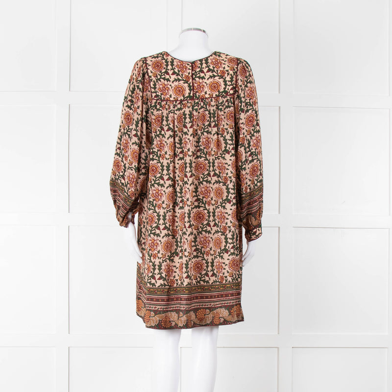 Iris Beige Green Floral Smock Tunic Dress