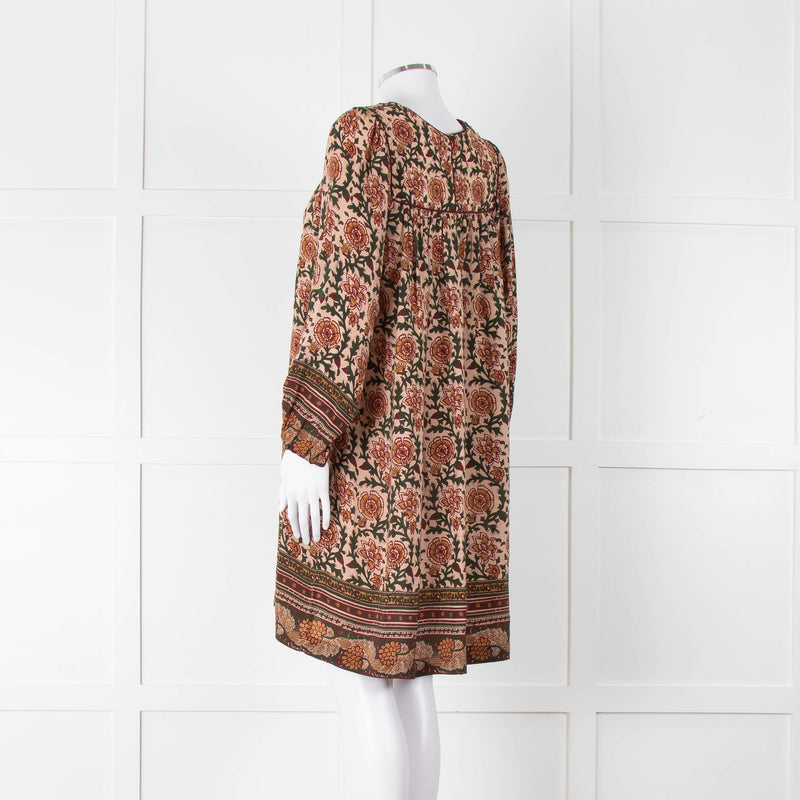 Iris Beige Green Floral Smock Tunic Dress