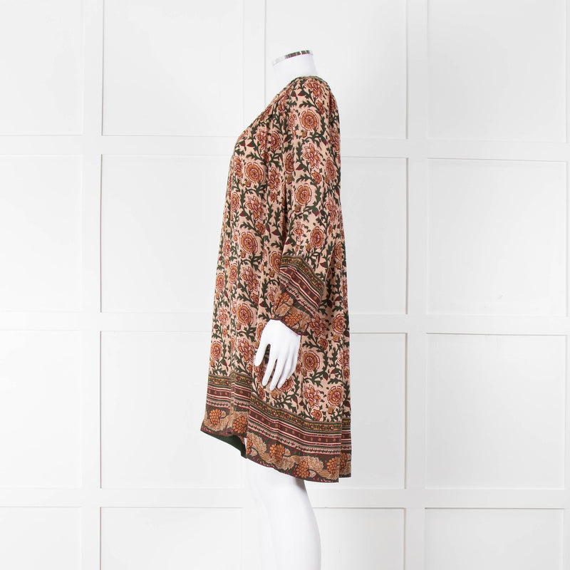 Iris Beige Green Floral Smock Tunic Dress