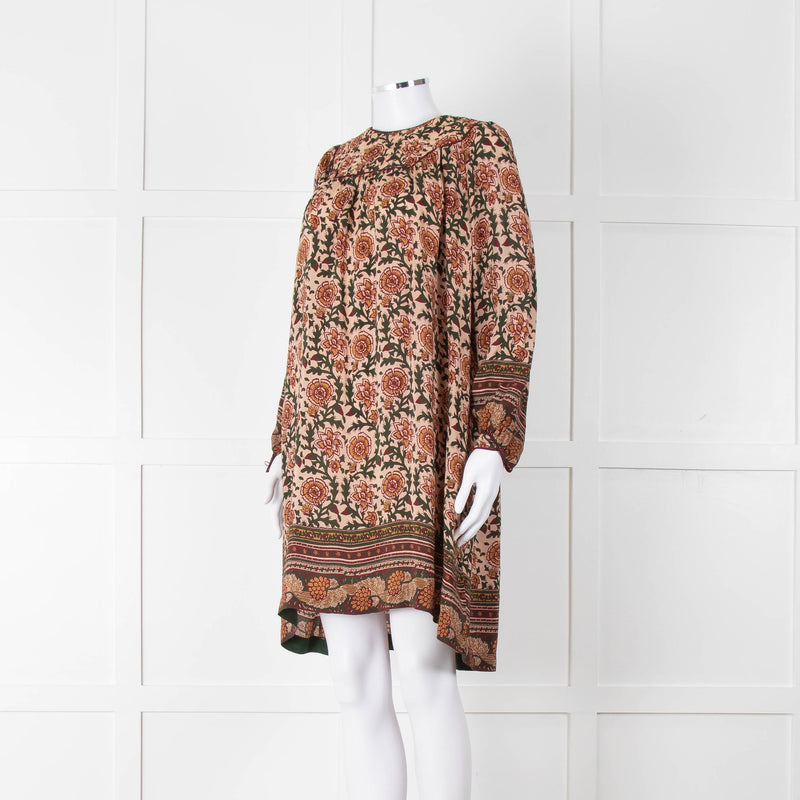 Iris Beige Green Floral Smock Tunic Dress