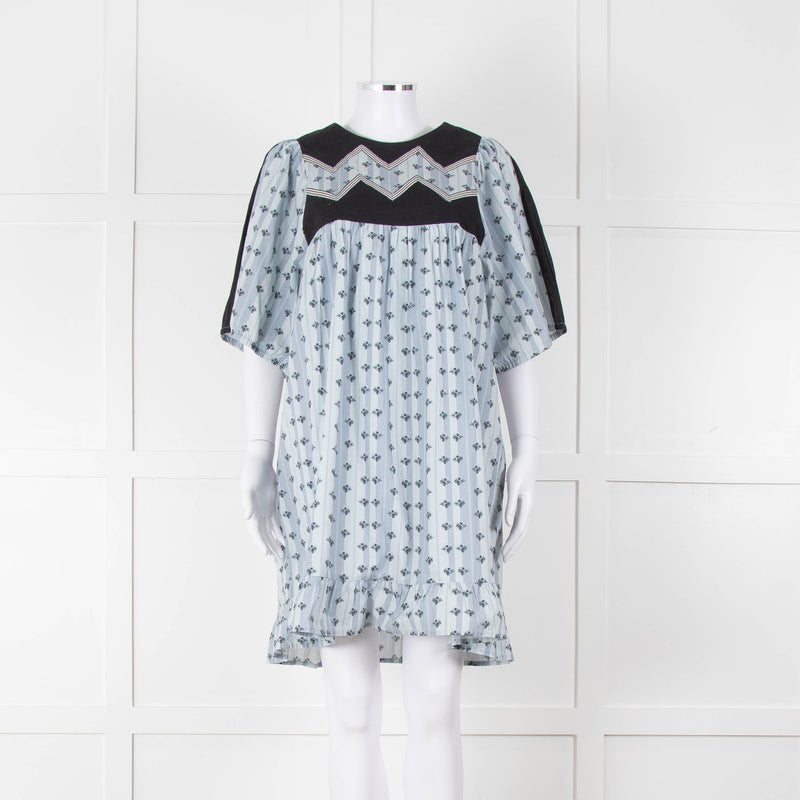 Batsheva Blue Black Floral Striped Cotton Short Dress