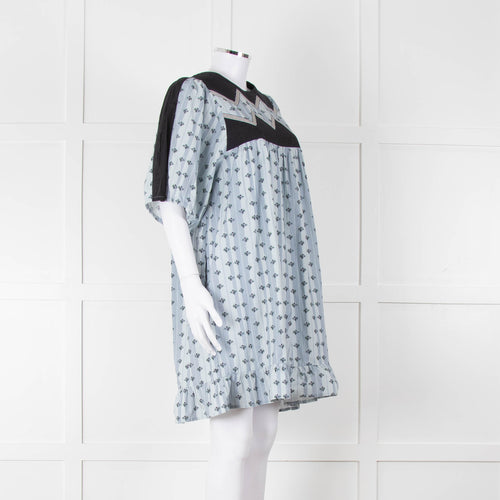 Batsheva Blue Black Floral Striped Cotton Short Dress