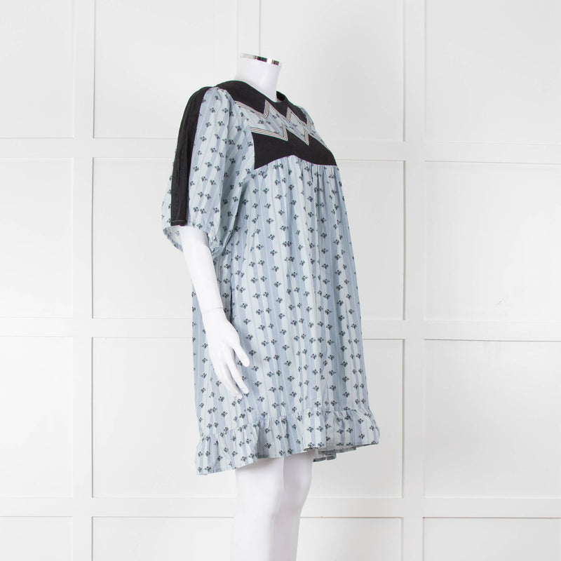 Batsheva Blue Black Floral Striped Cotton Short Dress
