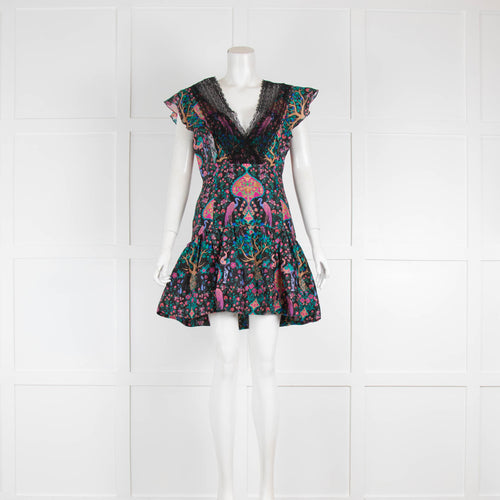 Sandro Black Floral Pattern Lace V Neck Mini Dress