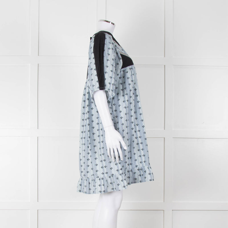 Batsheva Blue Black Floral Striped Cotton Short Dress