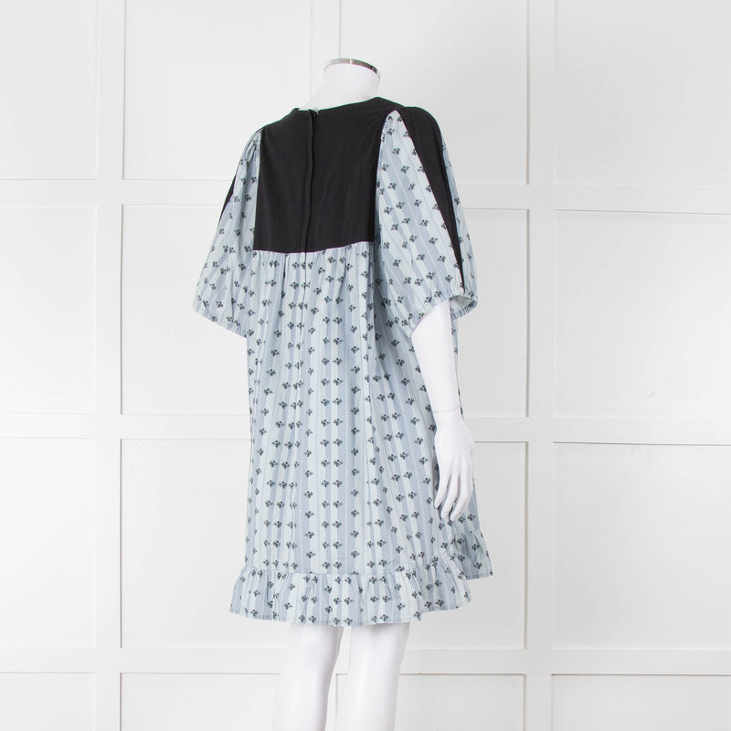 Batsheva Blue Black Floral Striped Cotton Short Dress