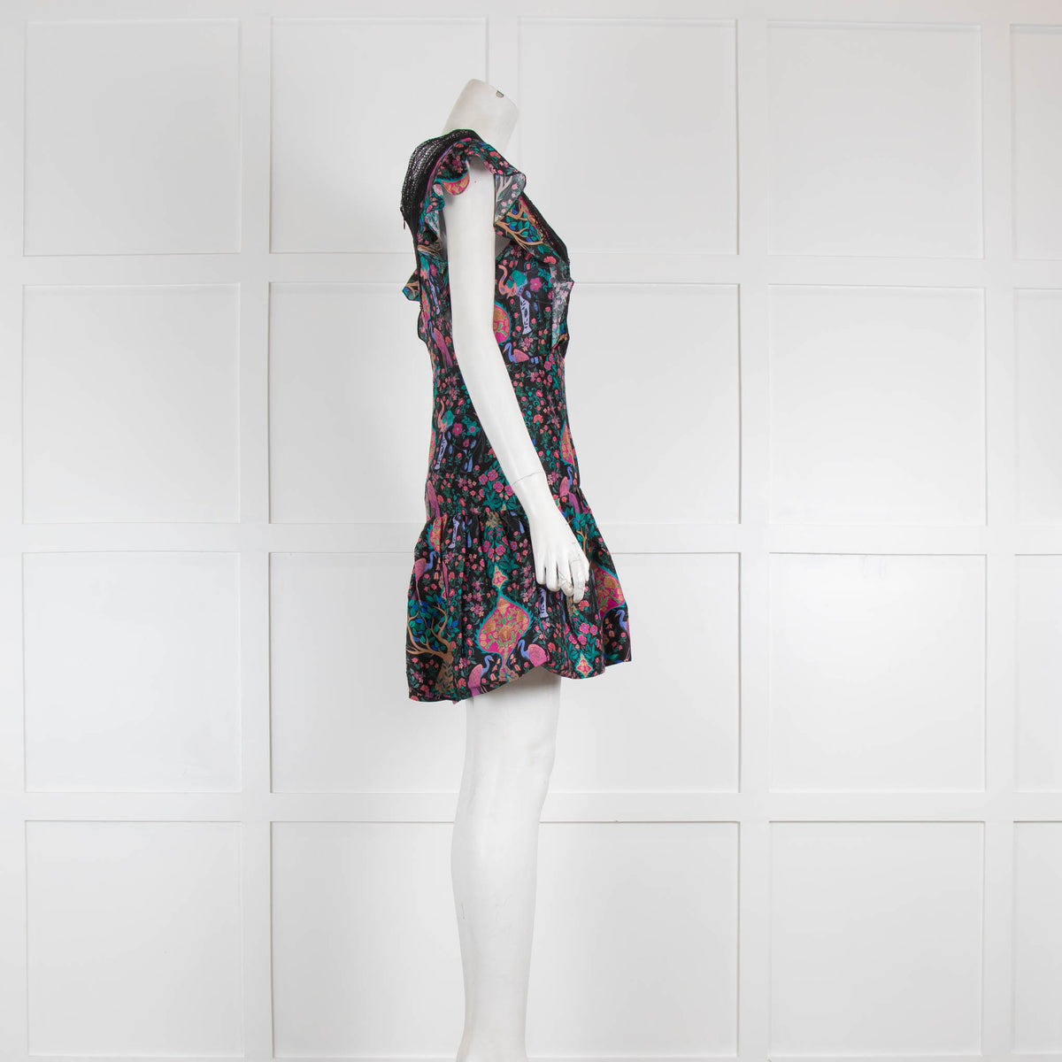 Sandro Black Floral Pattern Lace V Neck Mini Dress