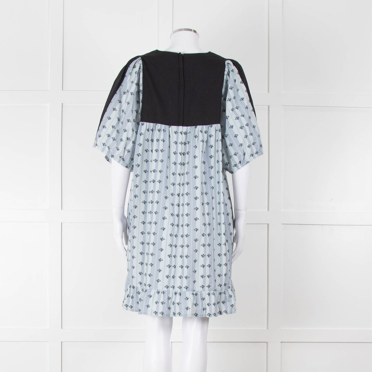 Batsheva Blue Black Floral Striped Cotton Short Dress