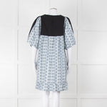 Batsheva Blue Black Floral Striped Cotton Short Dress