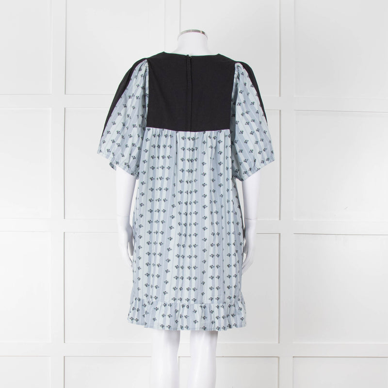 Batsheva Blue Black Floral Striped Cotton Short Dress
