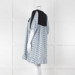 Batsheva Blue Black Floral Striped Cotton Short Dress